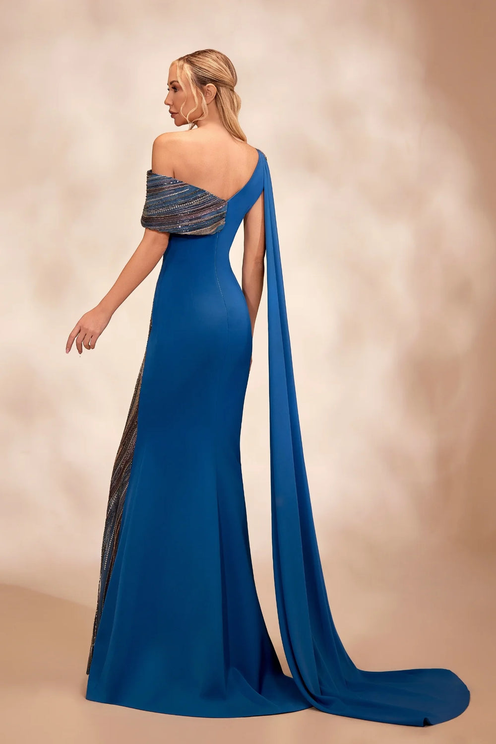 RTW19- Petrol one-shoulder dress with beaded drape across the neckline - FOSTANI.com