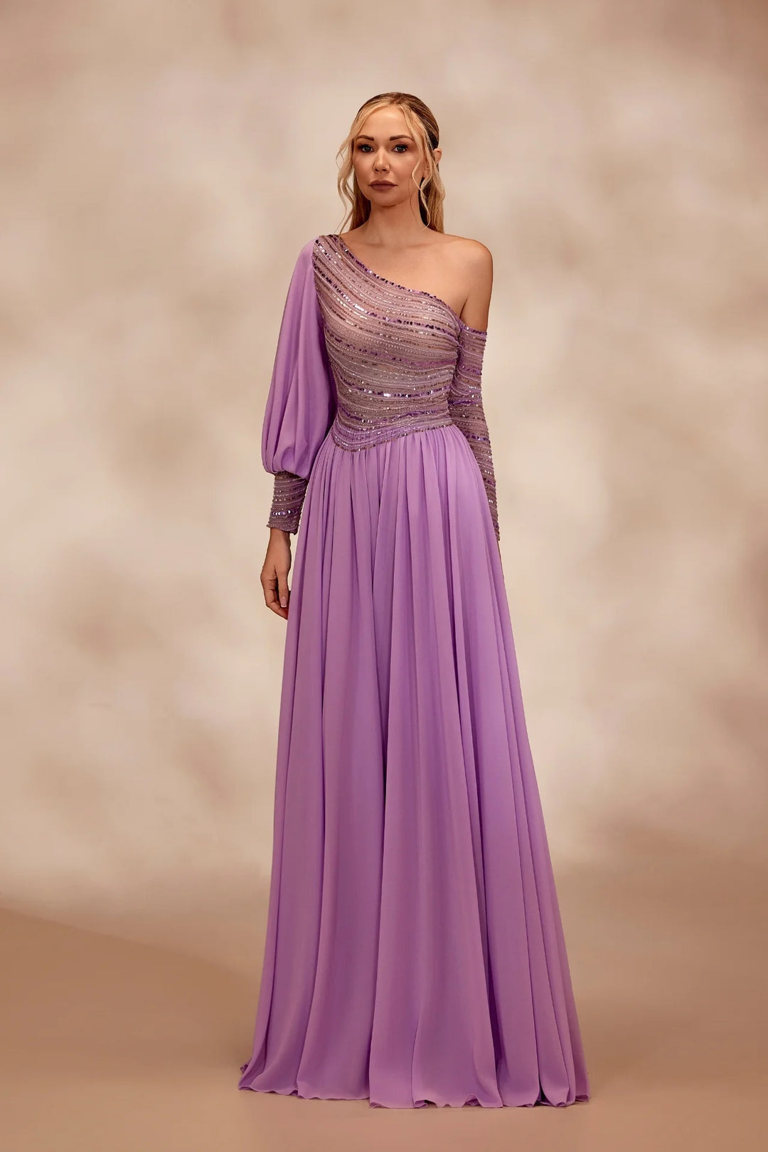 curvedream dresses Reverie Couture RTW23 Nude dress with a plunging V-neckline with multicolor beading Lavender / 22