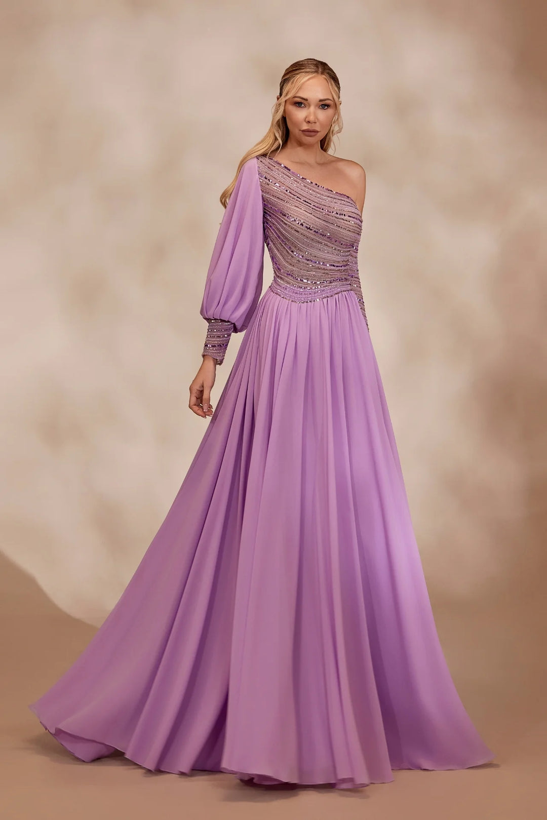 RTW23- One-shoulder lavender dress with a beaded bodice - FOSTANI.com