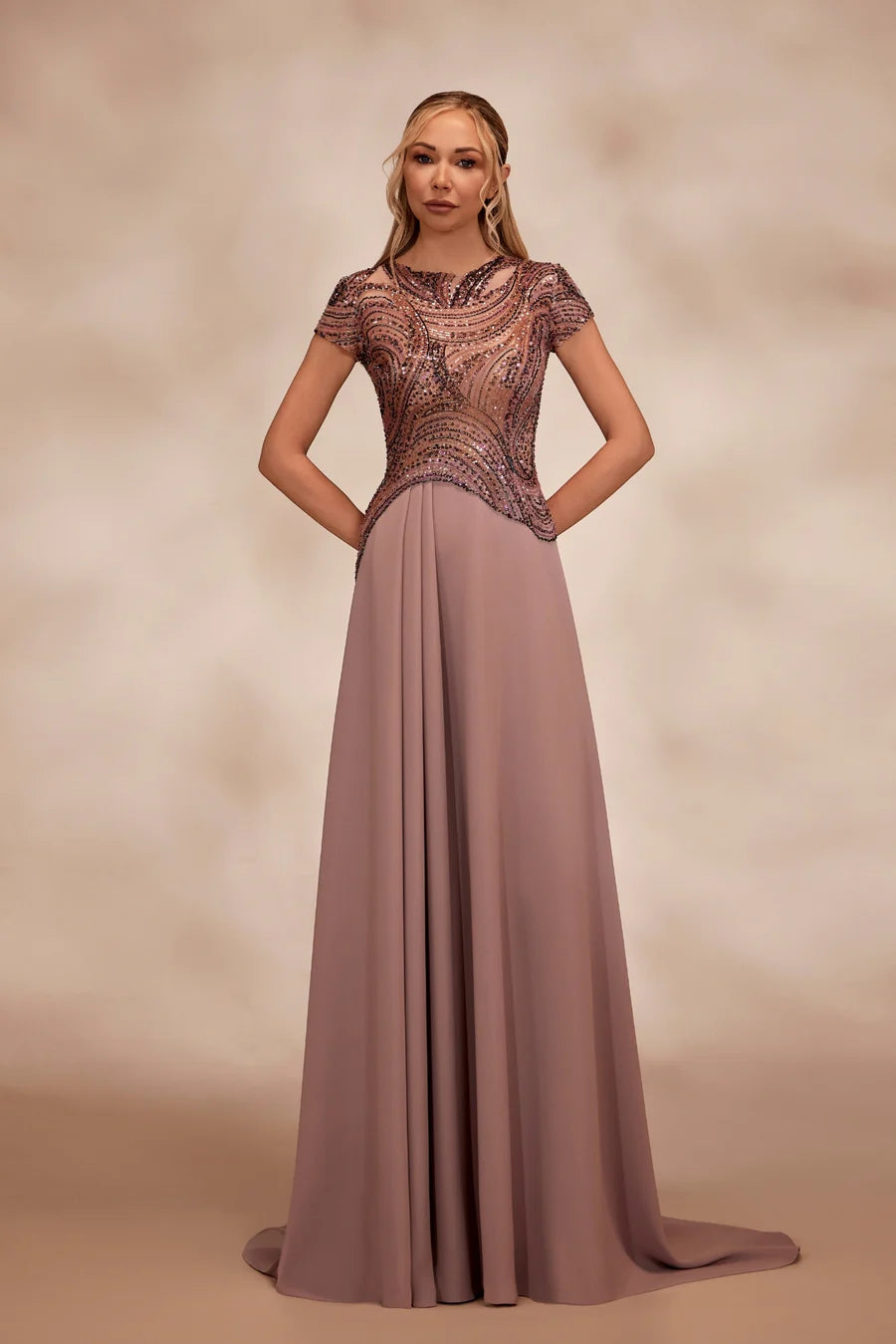 RTW3- Rosewood dress with a fitted bodice,jewel neckline and cap sleeves - FOSTANI.com