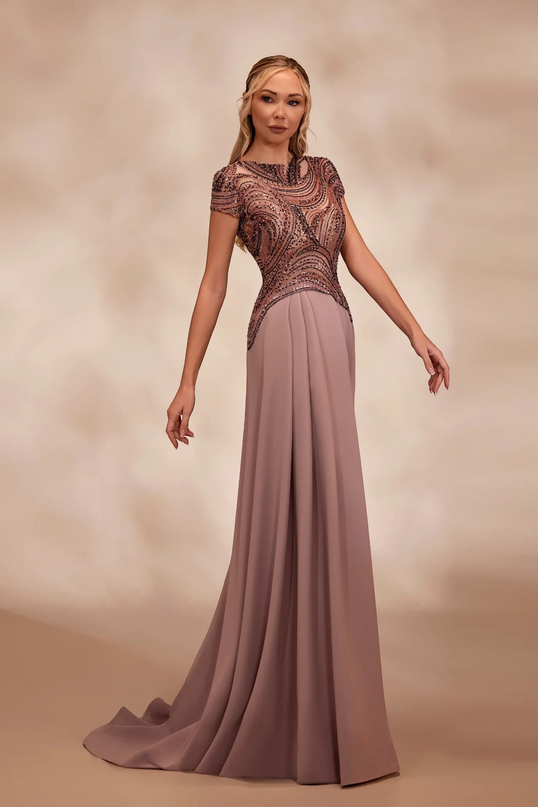RTW3- Rosewood dress with a fitted bodice,jewel neckline and cap sleeves - FOSTANI.com