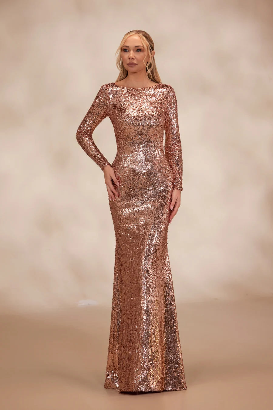 RTW7-Rose gold sequin dress with long fitted sleeves - FOSTANI.com