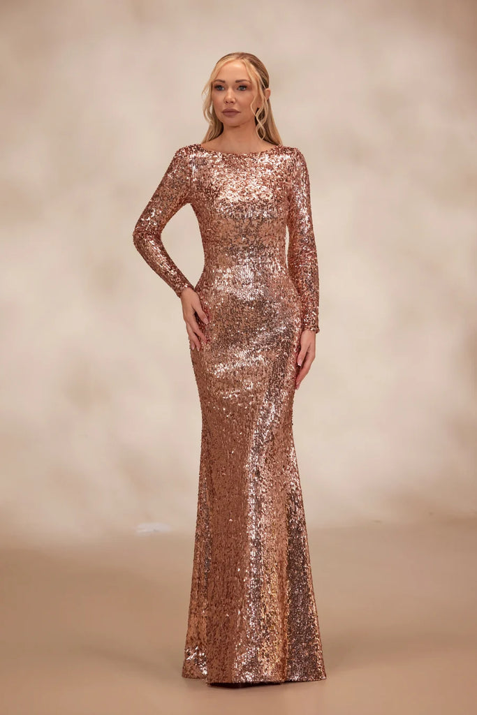 breathtaking dress rose gold Reverie Couture RTW7 Nude with a plunging V-neckline with multicolor beading this 3512 prom gown Long Glitter Formal Dress COLOR:CUSTOM COLOR FROM COLOR CHART SSC - LB - S26 - PO3