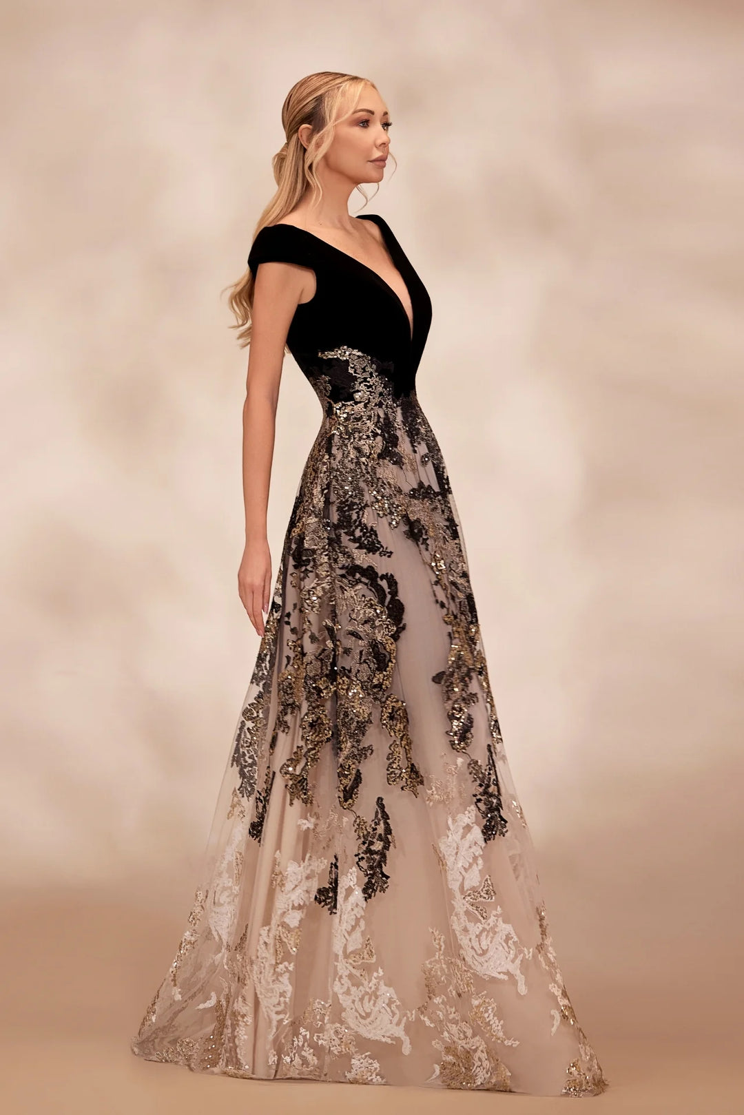 black white and gold formal dresses black and gold sequin dress Black Long Gold Sequins Fitted Deep V Neck Ruffle Sleeve Formal Dress Sultan Dress