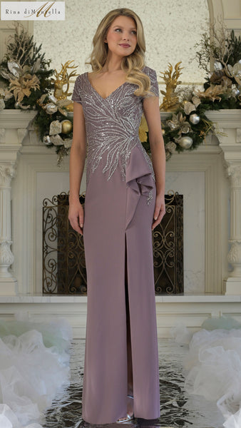 NOANOA リオドレス M Rina Di Montella RD3323 V-Neck Cap Sleeve Embellished Bodice