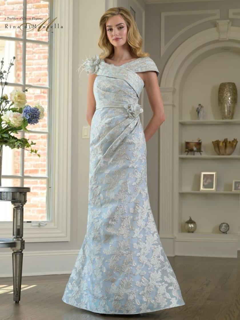 fit and flare mother of the bride dresses Rina Di Montella RD3428 Off Shoulder Sleeveless Fit & Flare Mother of the bride Dress BLUE / 12