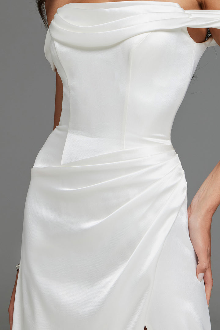 Jovani S59780 Off the Shoulder Satin Gown with Draped Bodice and Slit - FOSTANI.com
