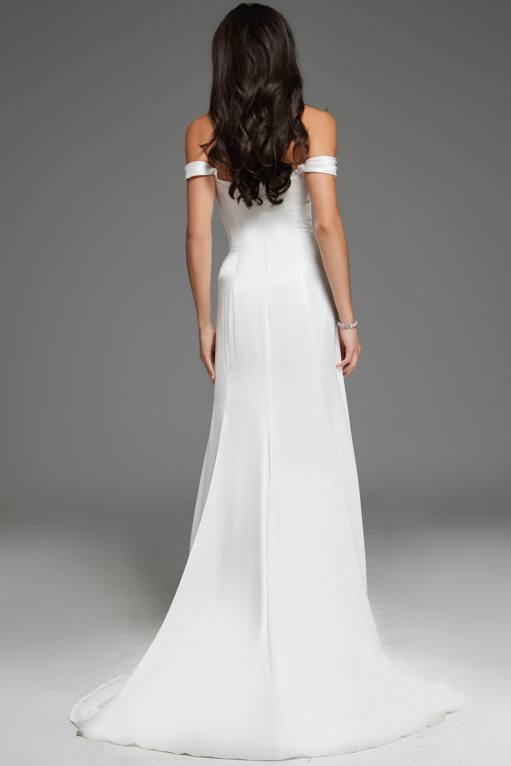 Jovani S59780 Off the Shoulder Satin Gown with Draped Bodice and Slit - FOSTANI.com
