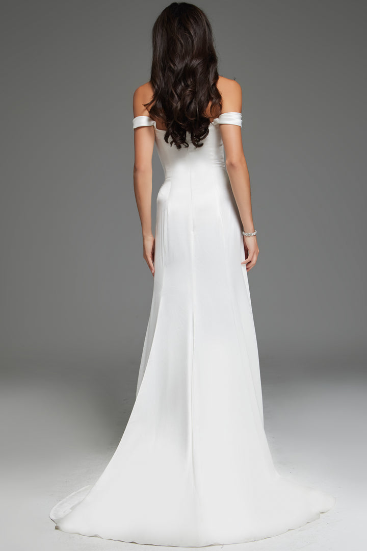 Jovani S59780 Off the Shoulder Satin Gown with Draped Bodice and Slit - FOSTANI.com