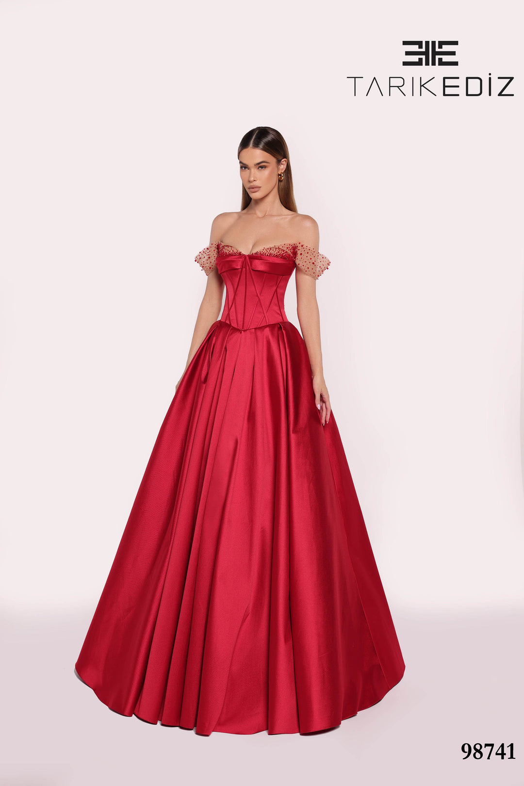 tarik ediz red dress Tarik Ediz 98221 Column Gown with Beaded Train Mydressline