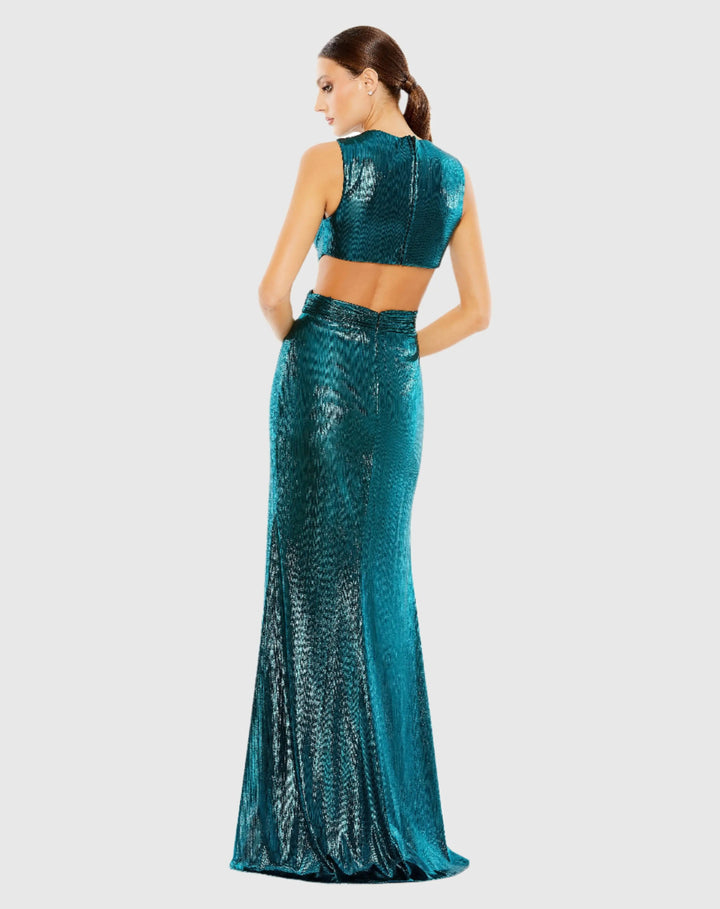 Mac Duggal 26733 Metallic Cut Out Gown with High Slit - FINAL SALE