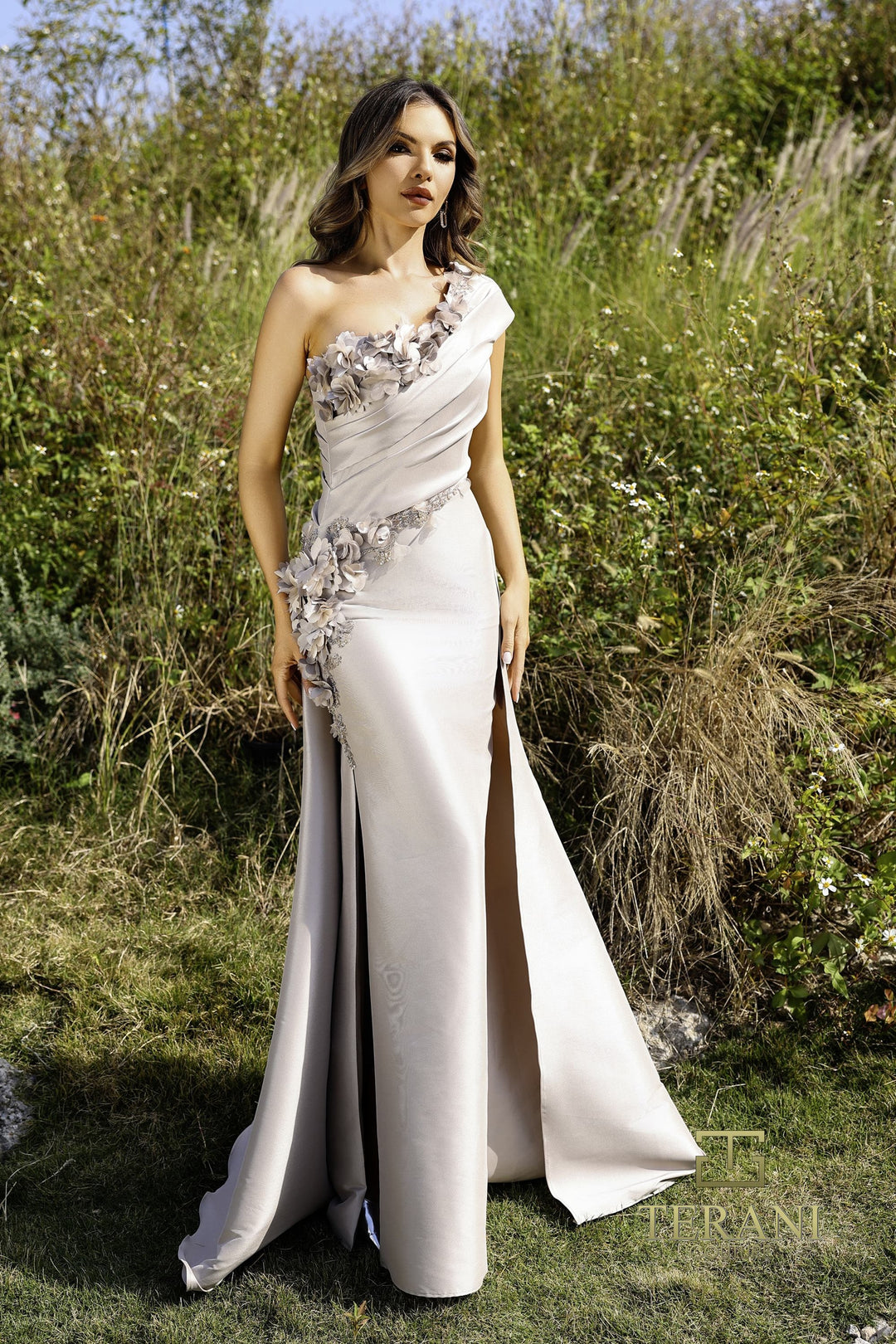 terani couture bridesmaid dresses Off the shoulder a line gown from Terani couture