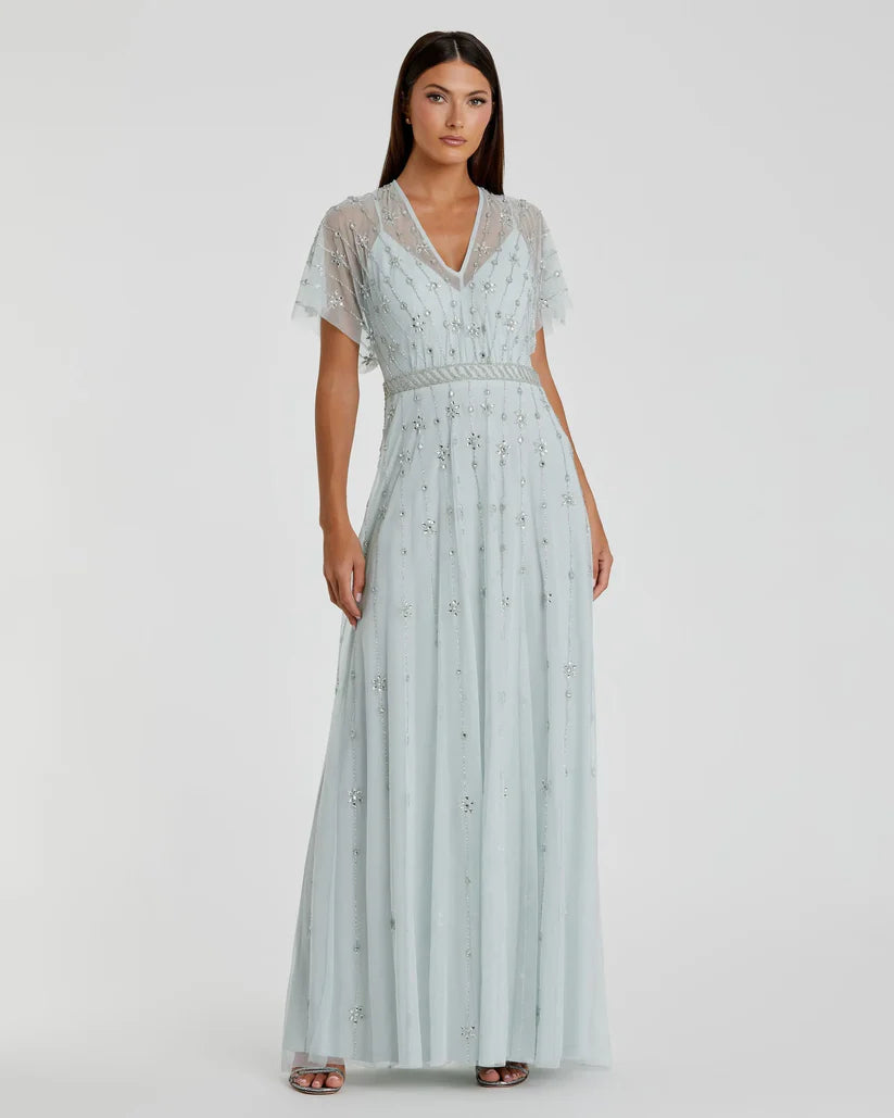 Mac Duggal Women's V Neck Embellished Flutter Sleeve A Line Gown - Blue - Size 18 - Midnight