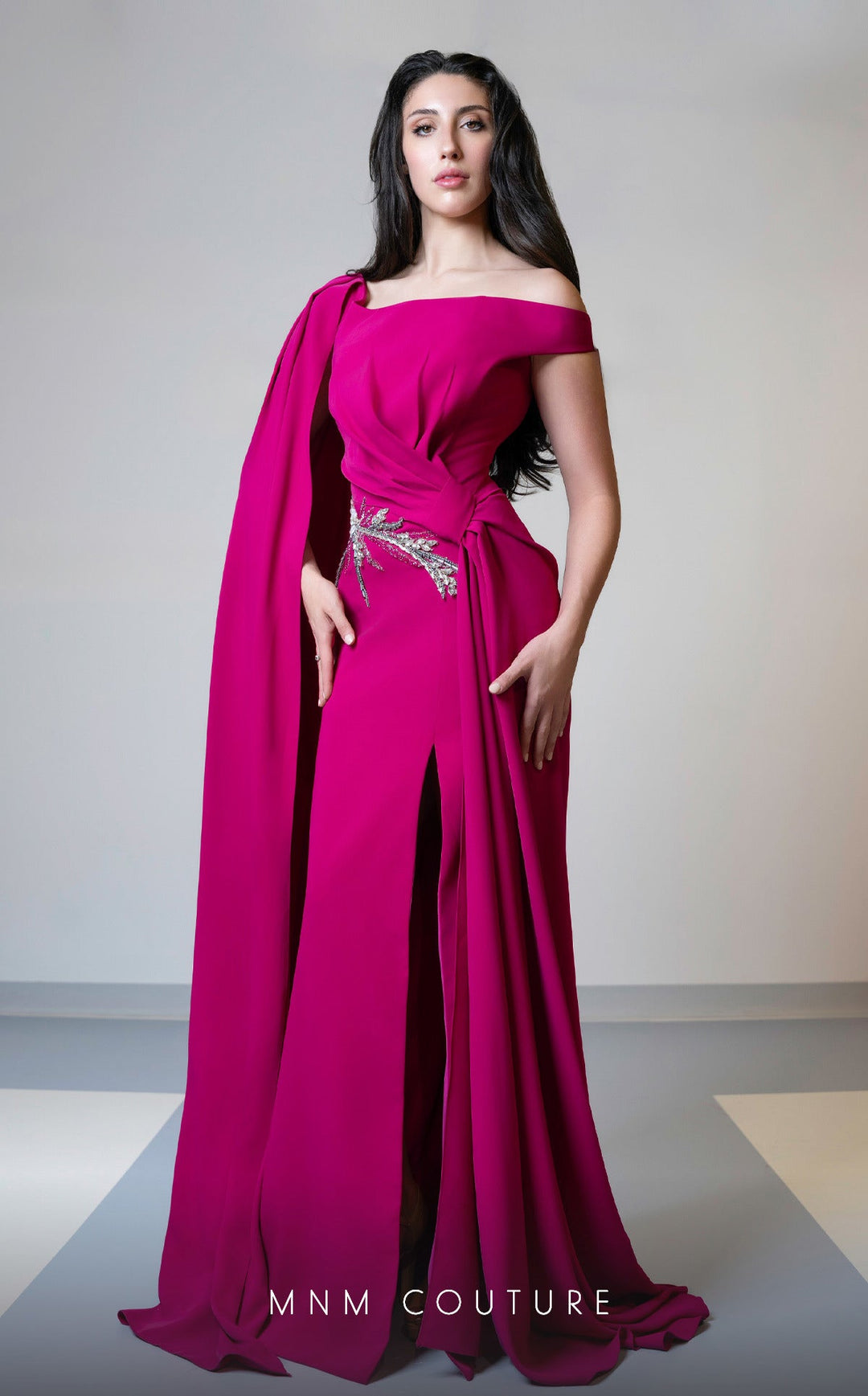 MNM Couture V02029A : Asymmetrical Rayon Crepe Gown with Waist Embellishments - FOSTANI.com