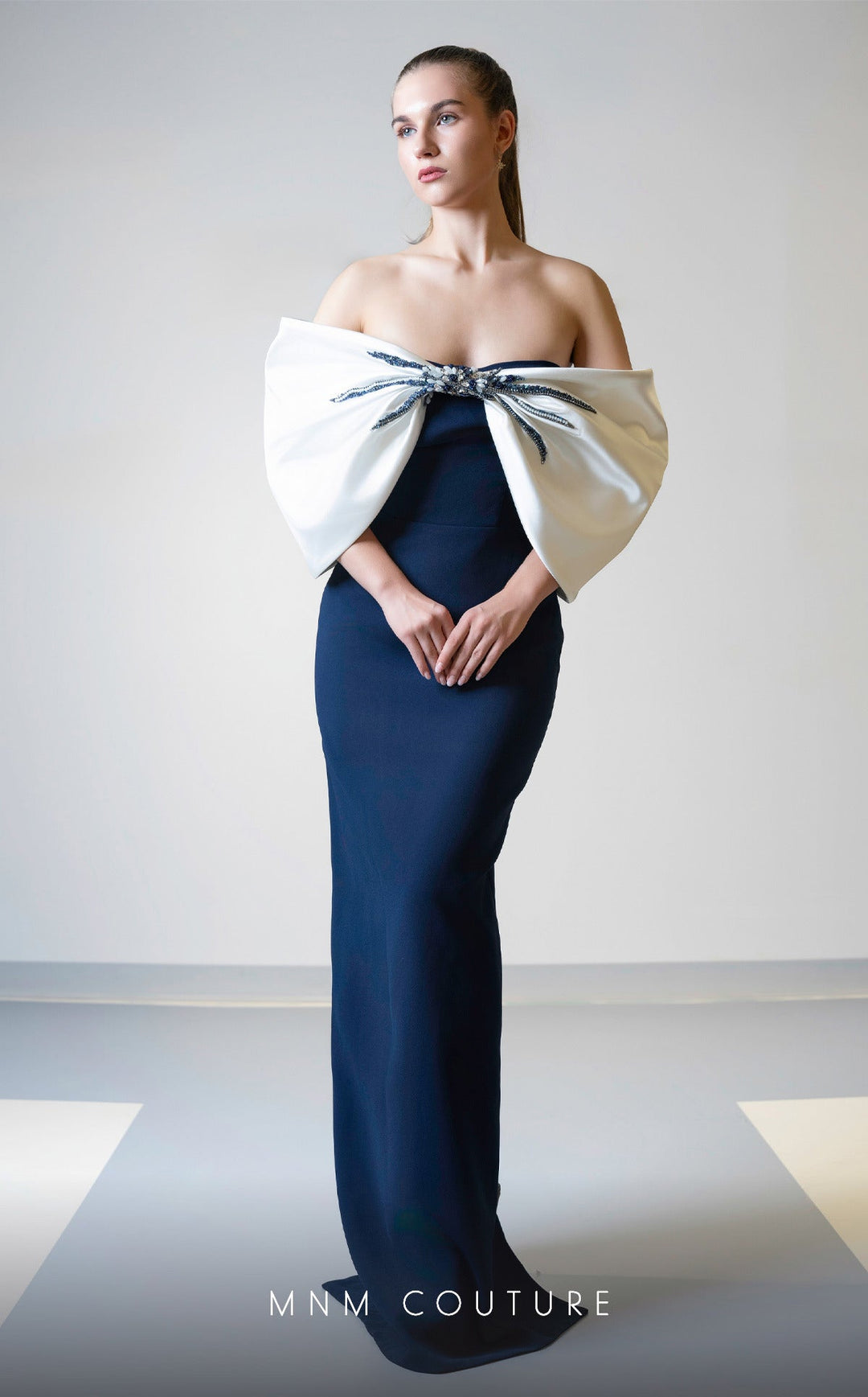 MNM Couture V07508 : Cap Sleeve Satin two colors Gown with Bow - FOSTANI.com