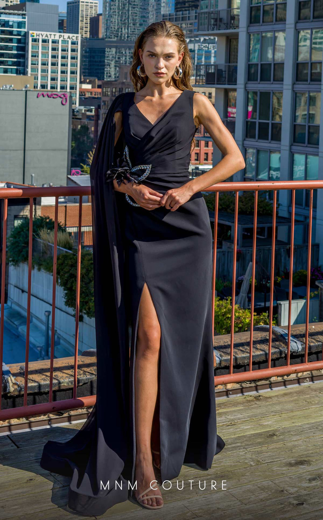 MNM Couture V07523: Black Rayon Crepe Column Dress with Cape - FOSTANI.com