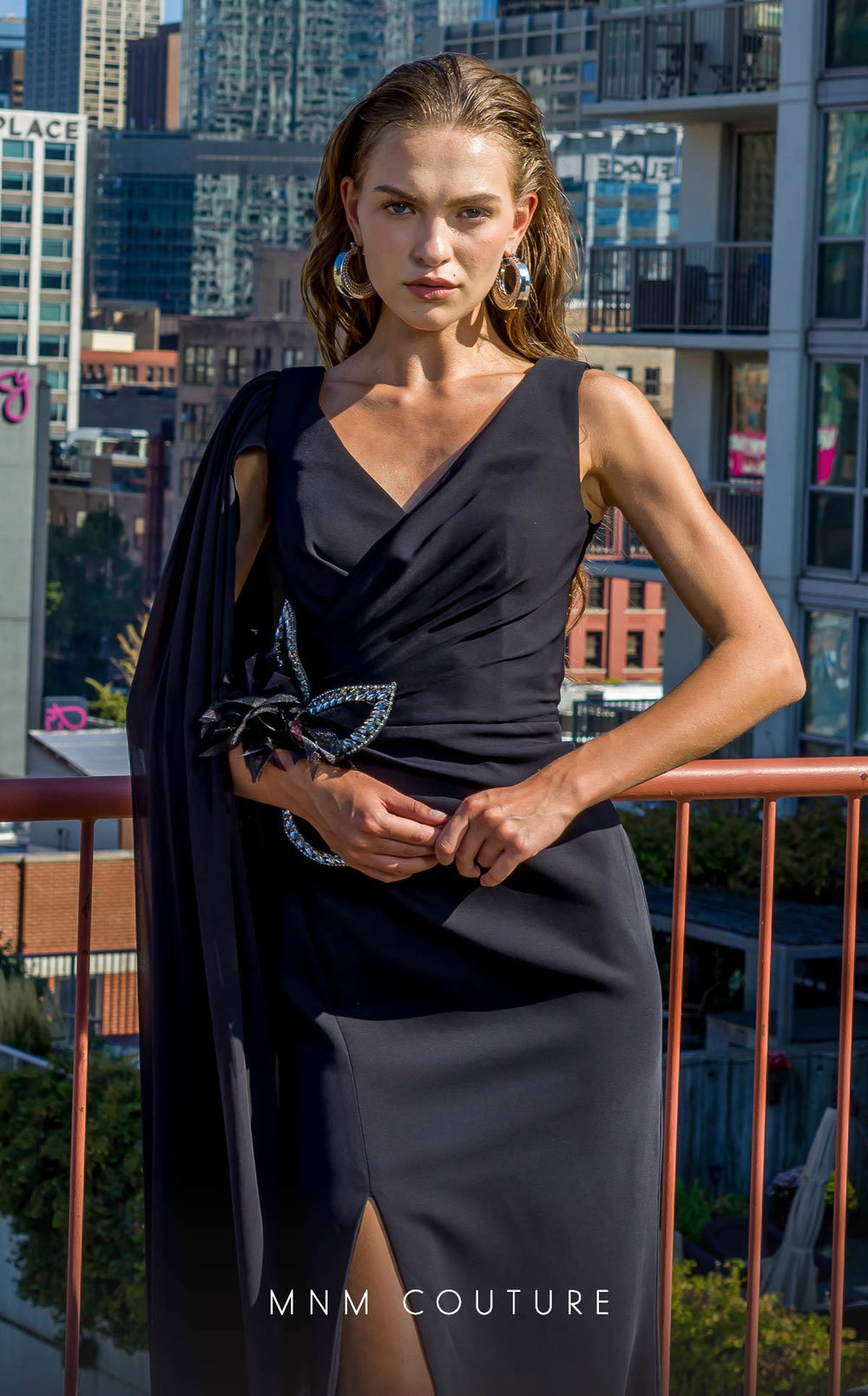 MNM Couture V07523: Black Rayon Crepe Column Dress with Cape - FOSTANI.com