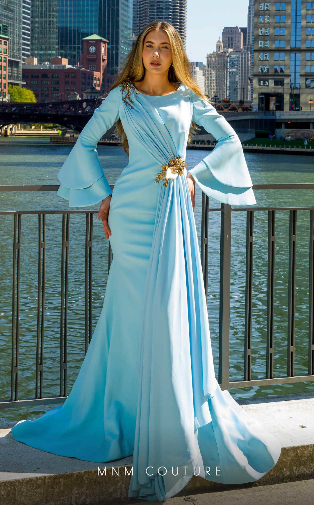 MNM Couture V07553: Light Blue Rayon Crepe Column Dress with Ruffle Sleeves - FOSTANI.com