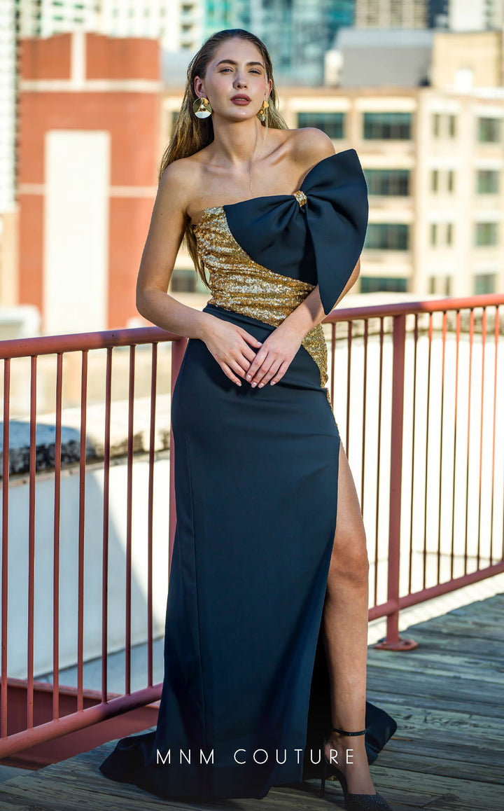 MNM Couture V07567: Black/Gold Rayon Crepe Column Dress - FOSTANI.com