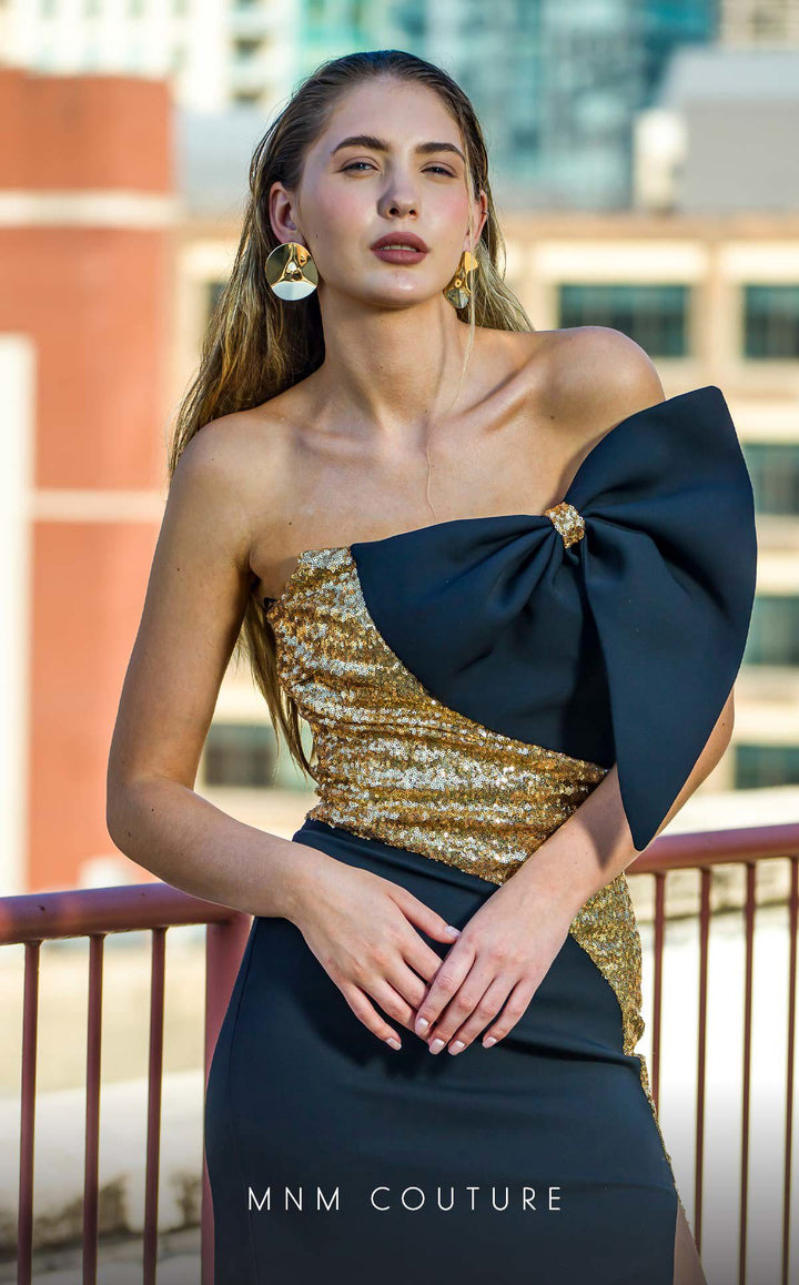 MNM Couture V07567: Black/Gold Rayon Crepe Column Dress - FOSTANI.com