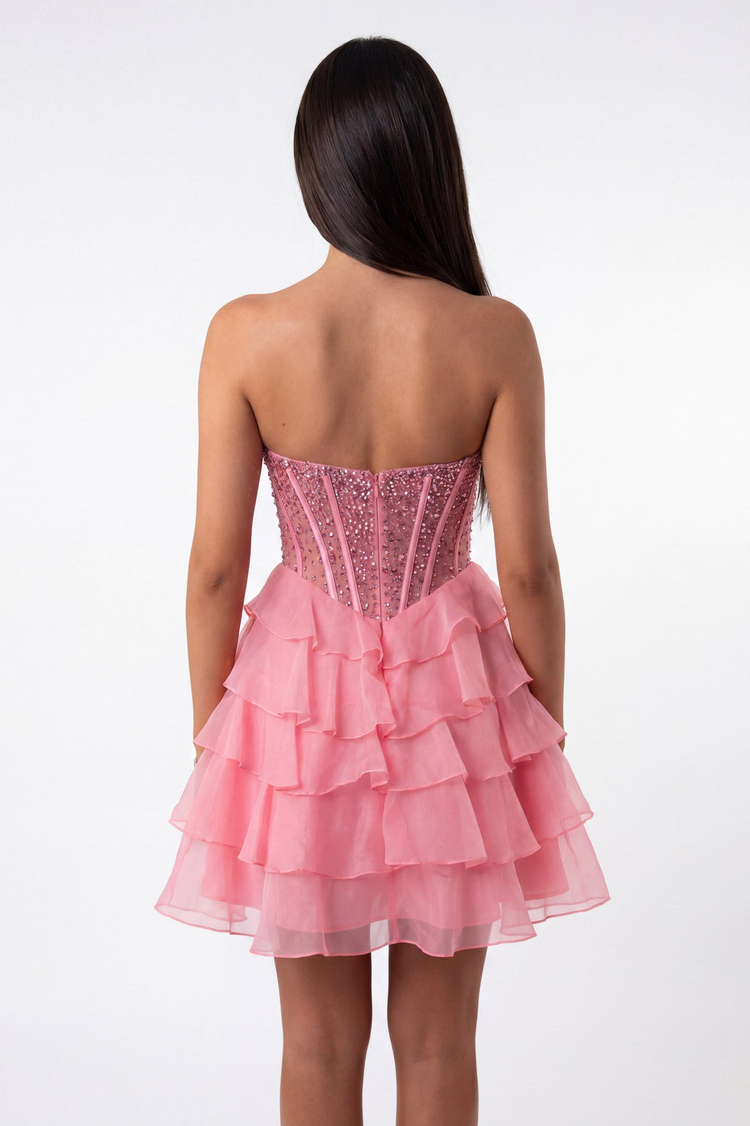 Portia & Scarlett XO218 crystal corset tiered ruffle homecoming dress back view