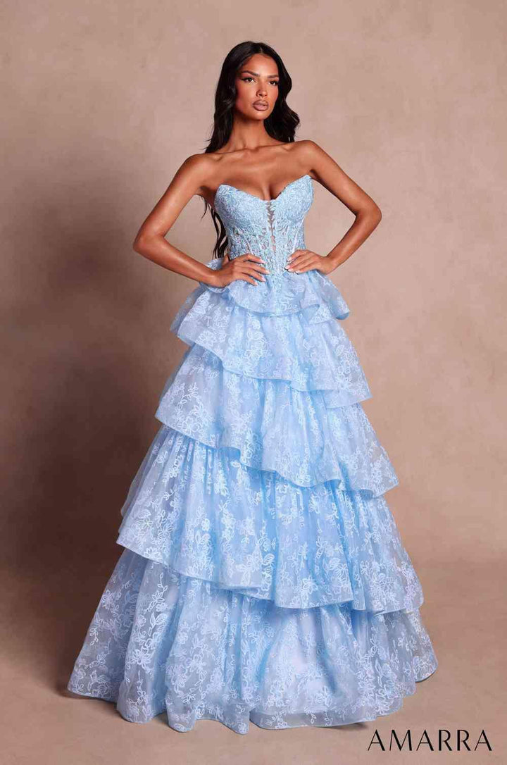 Amarra 89836 strapless tiered ruffle prom ball gown front view