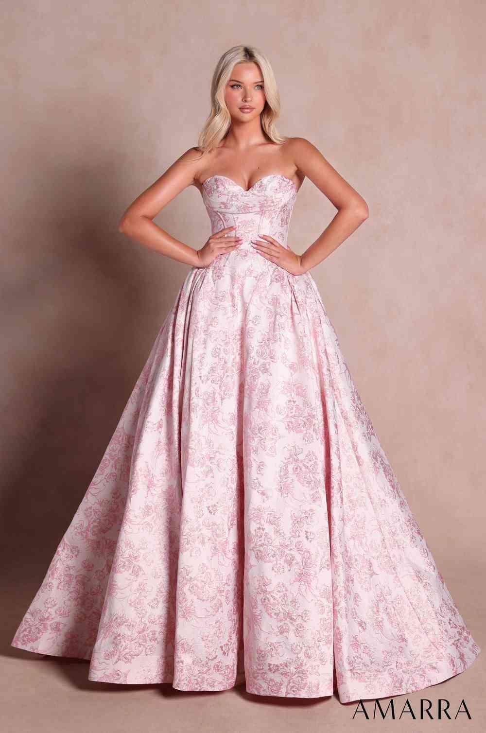 Amarra 89839 pleated floral formal ball gown front view