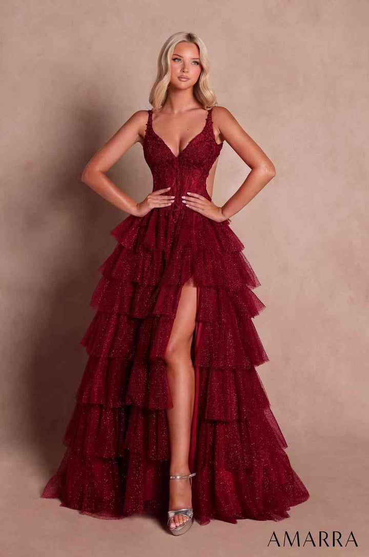 Amarra 89860 ruffle tier prom dress with high slit front view