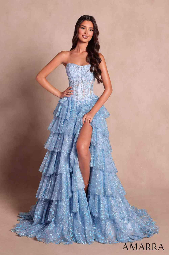 Amarra 89872 sheer corset prom gown with high slit front view