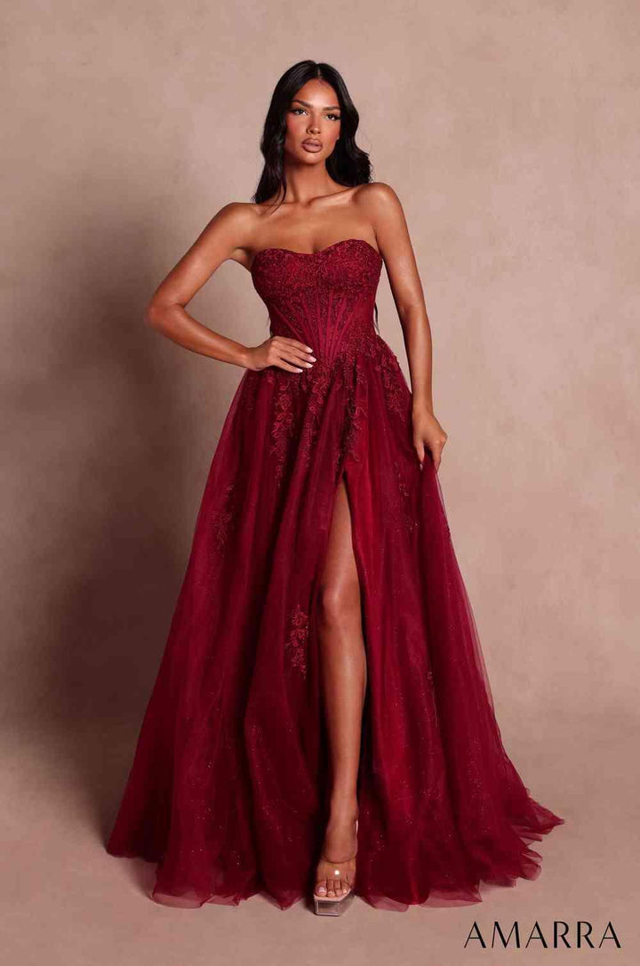 Amarra 89905 floral appliqué ball skirt prom gown front view
