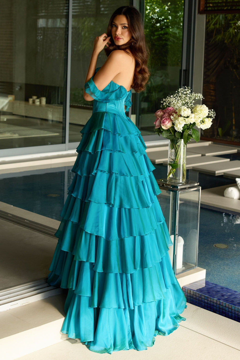 Ava Presley 42213 - Satin Corset Long Prom Dress Tiered Skirt - FOSTANI.com