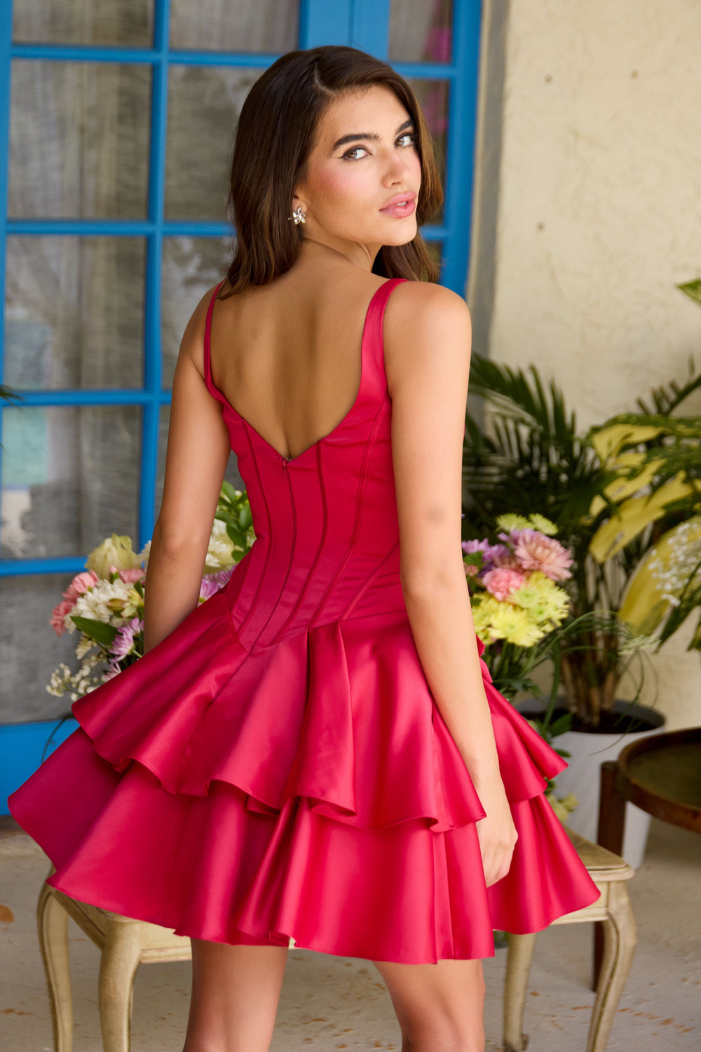 Ava Presley 42407 tiered rosette satin mini dress back view