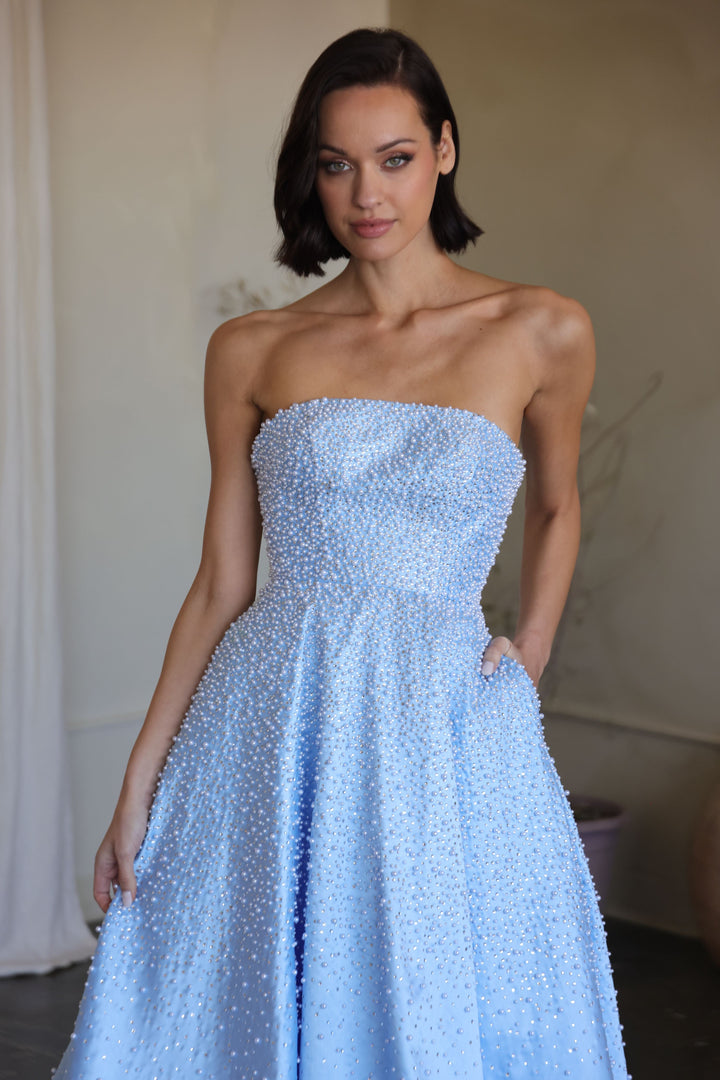 Ava Presley 42500 - Strapless Beaded Blush A Line Gown - FOSTANI.com