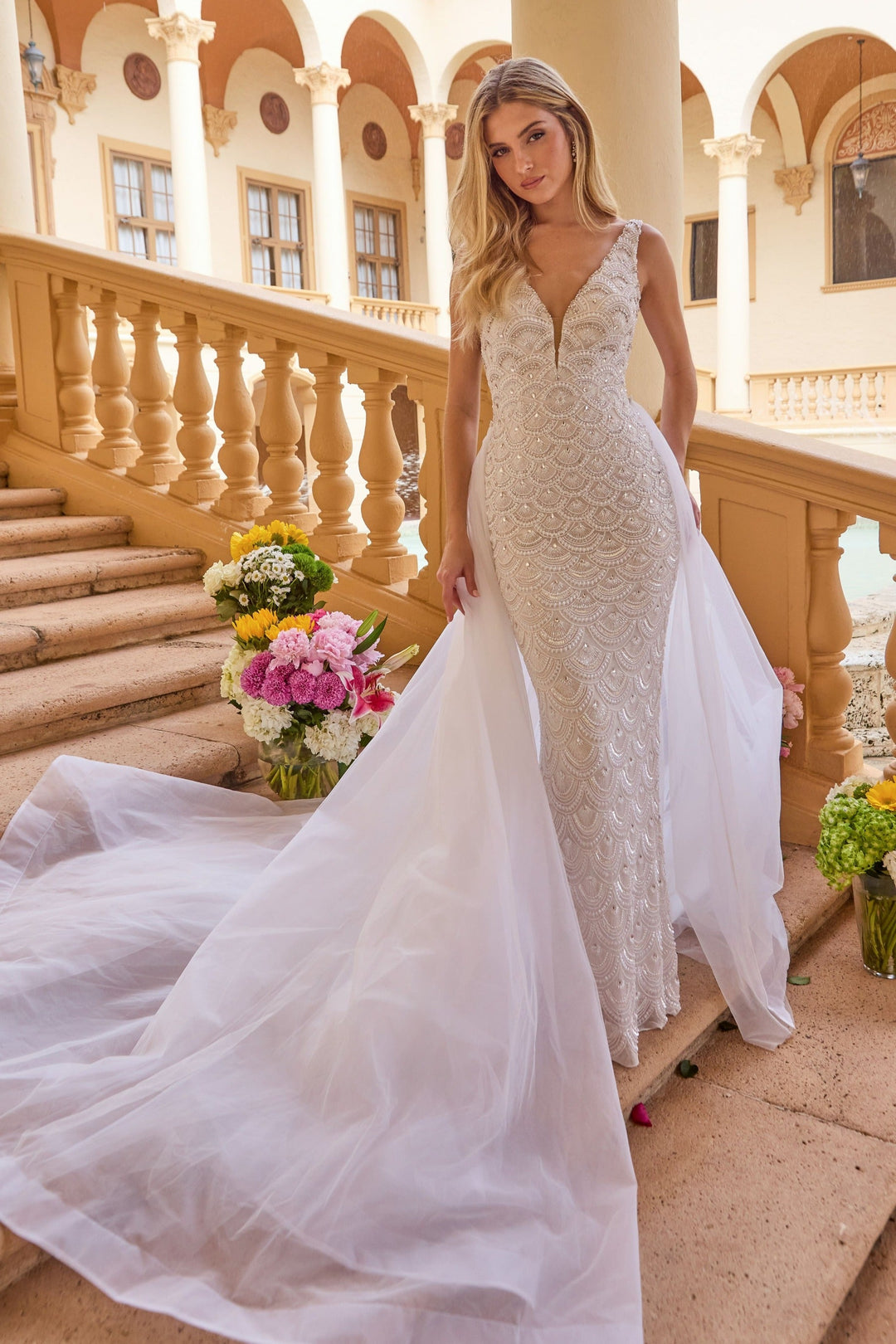 Ava Presley 47224 - Beaded Bridal Gown with Overskirt - FOSTANI.com