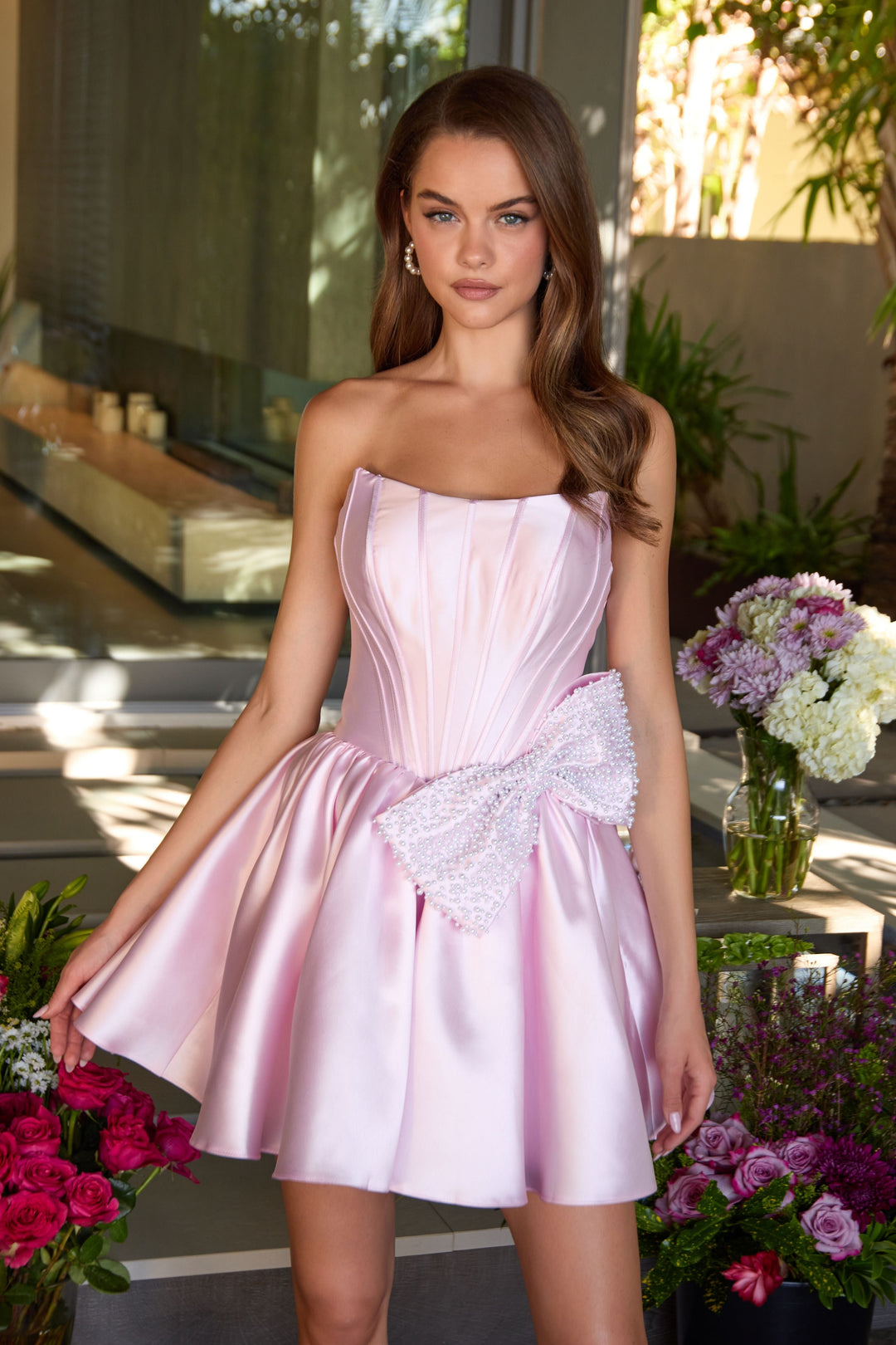 Ava Presley 47298 - Strapless Corset Bow Accent Mini Dress - FOSTANI.com