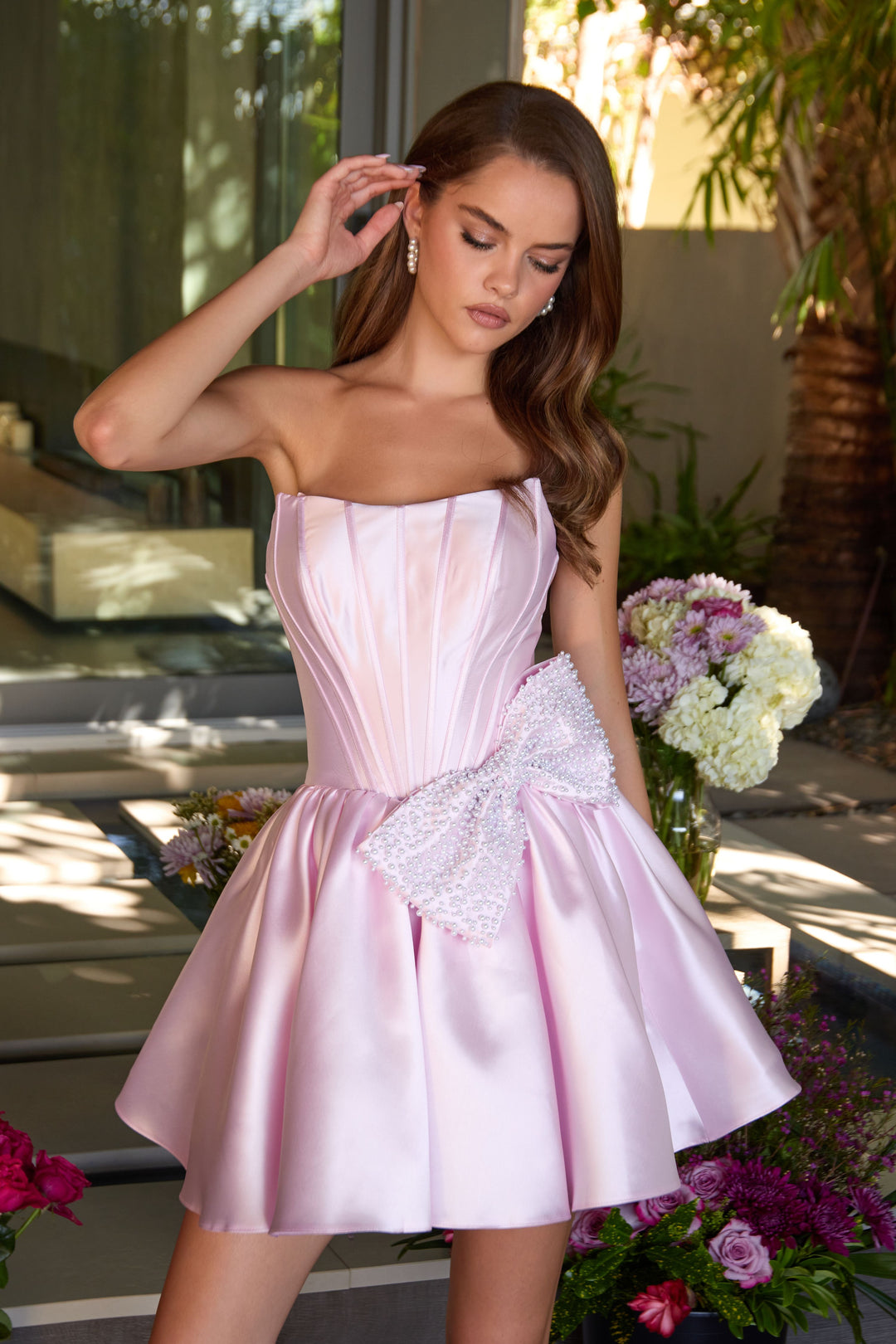 Ava Presley 47298 - Strapless Corset Bow Accent Mini Dress - FOSTANI.com