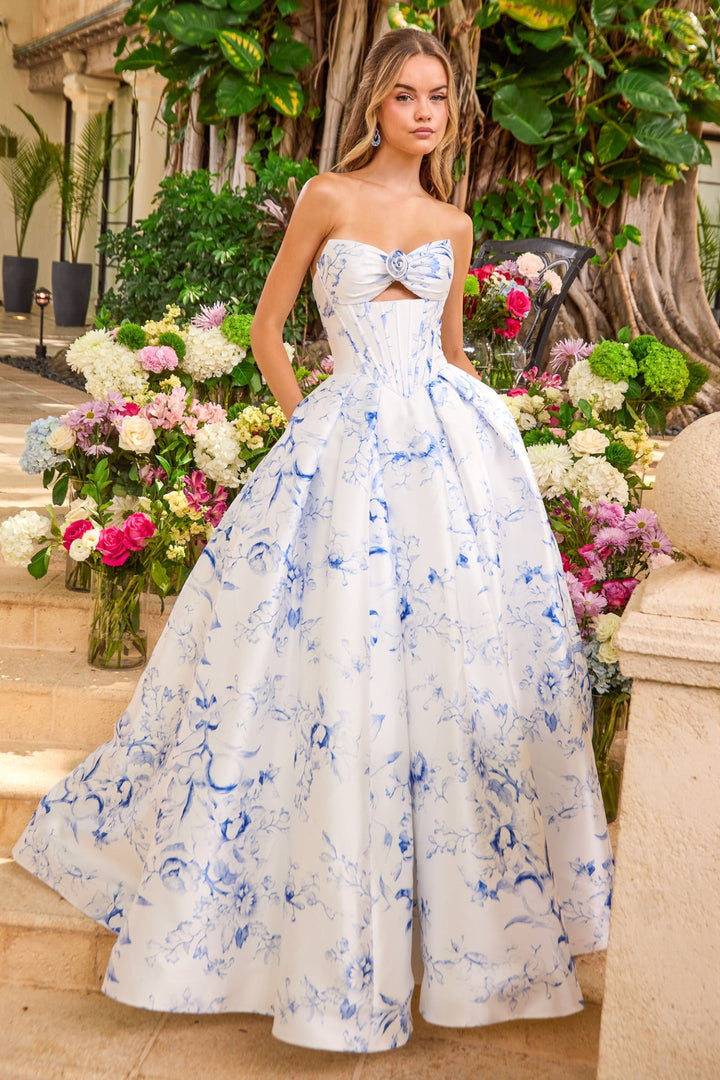 Ava Presley 47377 floral print rosette ball gown front view 2