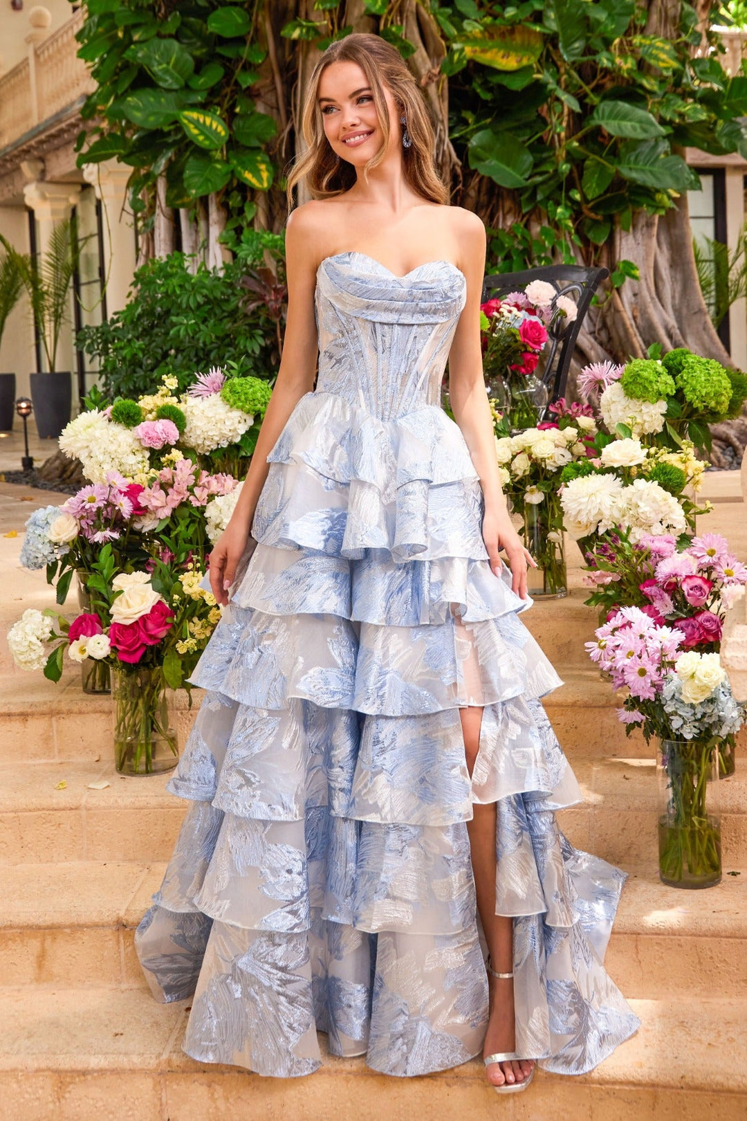 Ava Presley 47474 tiered ruffle high-low gown front view