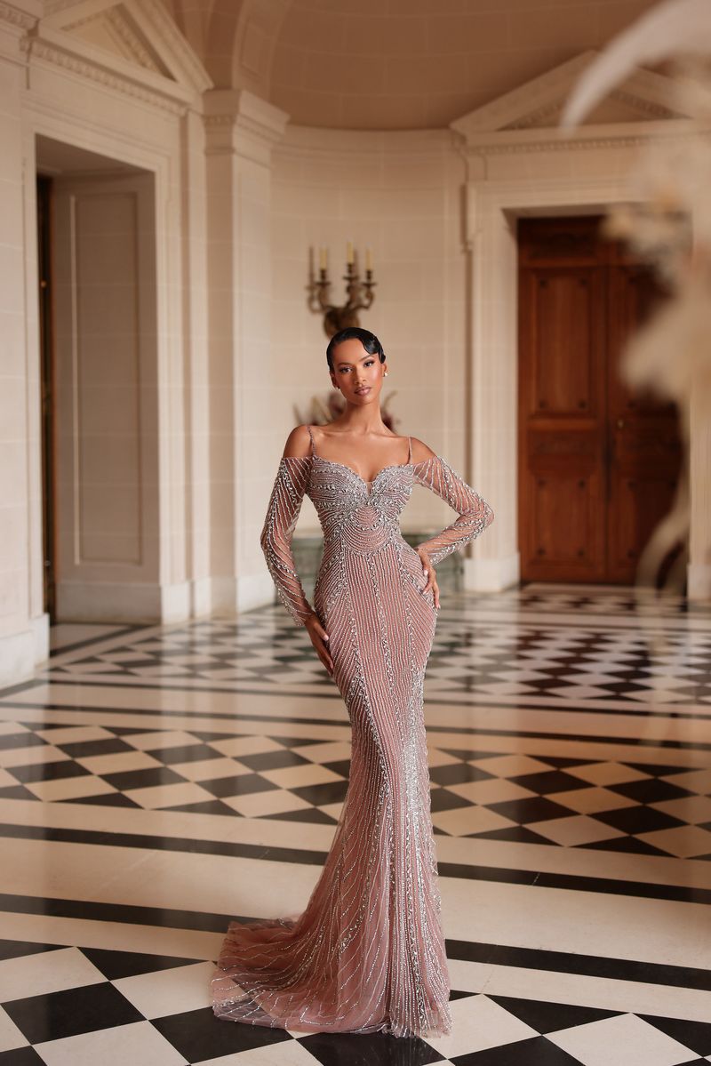 Chic & Holland HF110638 Cold Shoulder Sweetheart Neckline Long Sleeves Linear Beaded Sheath Couture Dress DUSTY ROSE / 6
