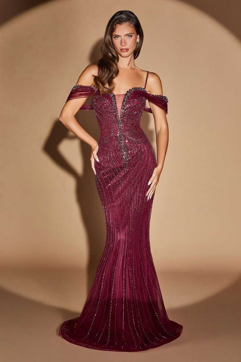 plum mermaid dress LaDivine Feather Beaded Long Mermaid Dress CC2308 - Lt Blue - Size 6