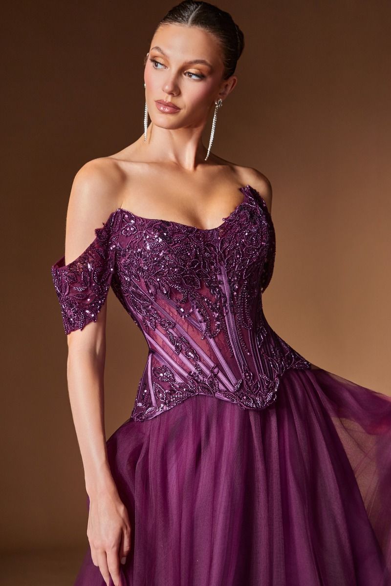 Ladivine CD657 Embellished Corset Evening Dress EGGPLANT / 8