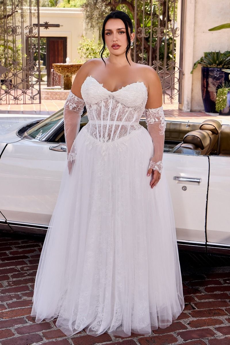 Ladivine CD717W Strapless Sweetheart Corset Ball Gown Dress with Detachable Illusion Sleeves Bridal Dress, OFF White / 14