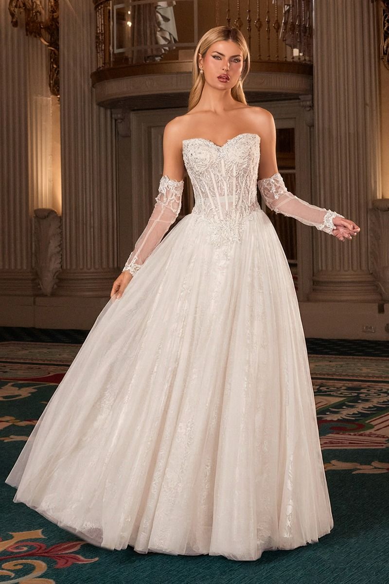 Ladivine CD717W Strapless Sweetheart Corset Ball Gown Dress with Detachable Illusion Sleeves Bridal Dress OFF White / 14