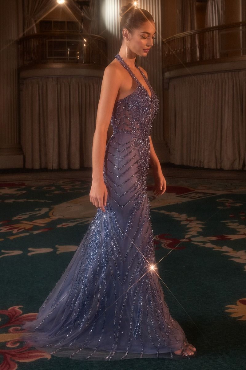 Ladivine CDS547 Sheer Tulle Halter Gown with Tonal Beads and Sequins Blue / 6