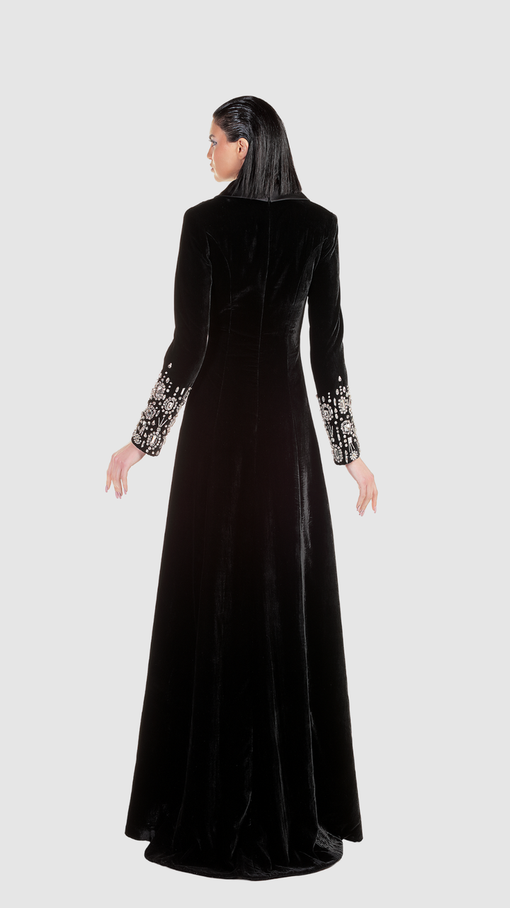 Edward Arsouni 1151 long sleeve evening dress back view with beaded cuffs