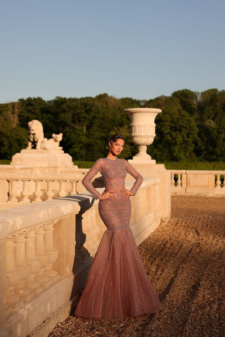 Chic & Holland HF110615 Crew Neckline Long Sleeves Fully Beaded Grid Mermaid Couture Dress