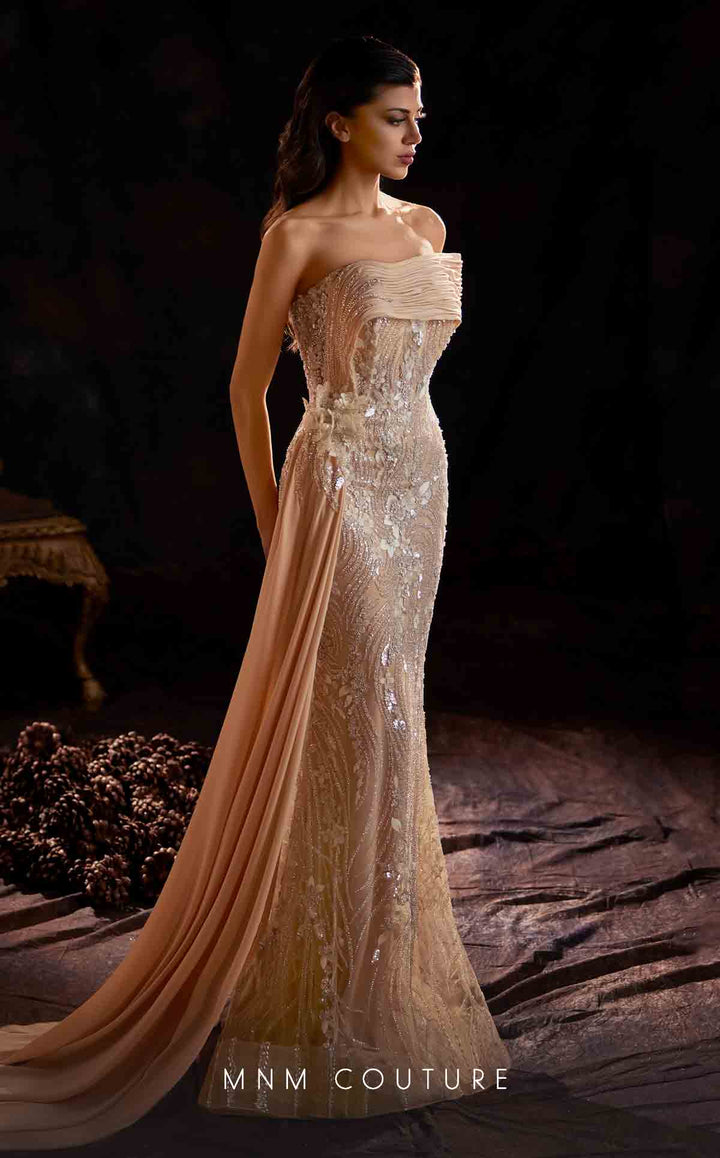 MNM Couture K4206 Strapless Folded Neckline Sequin Column Evening Gown with Side Overskirt