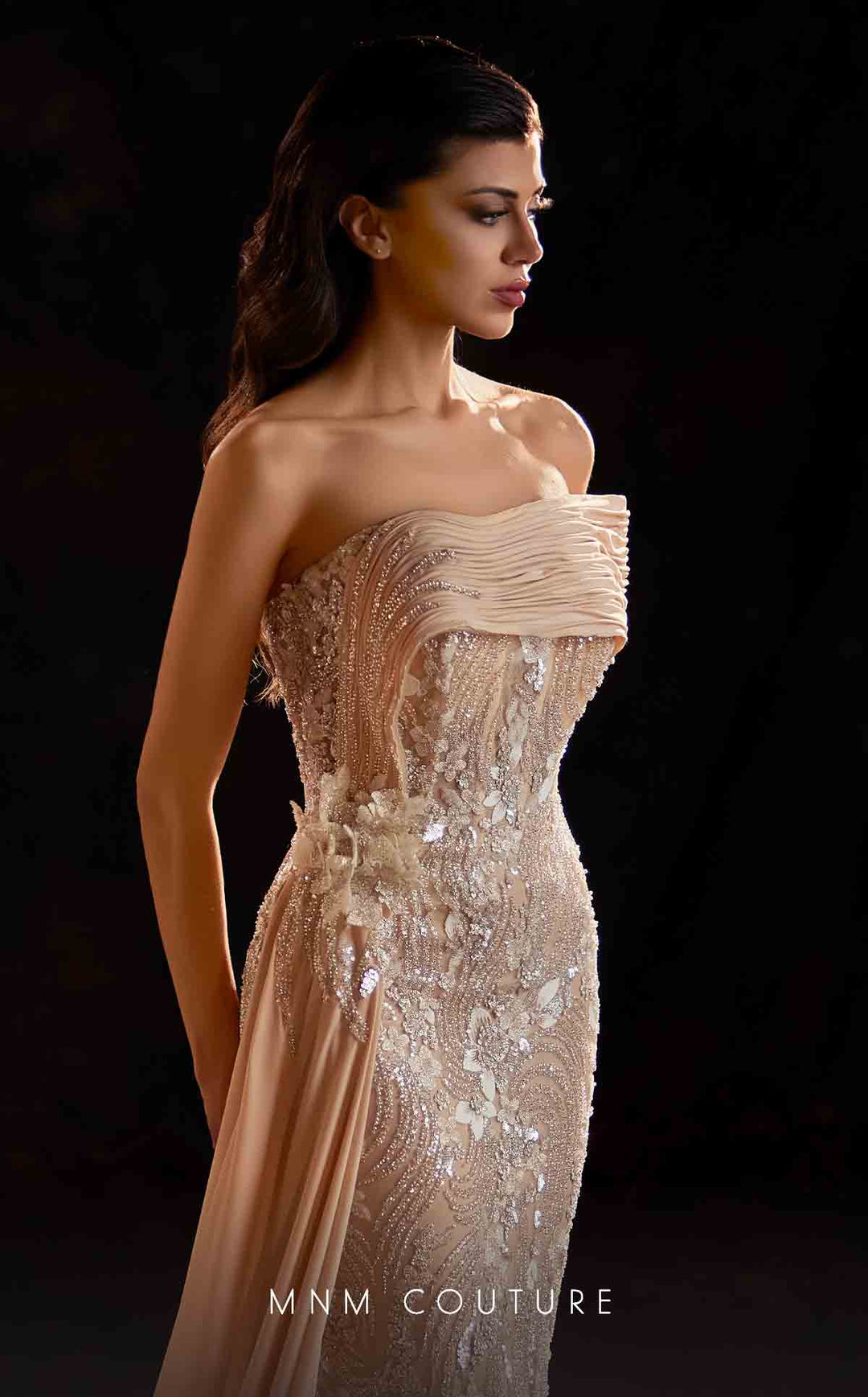 MNM Couture K4206 Strapless Folded Neckline Sequin Column Evening Gown with Side Overskirt