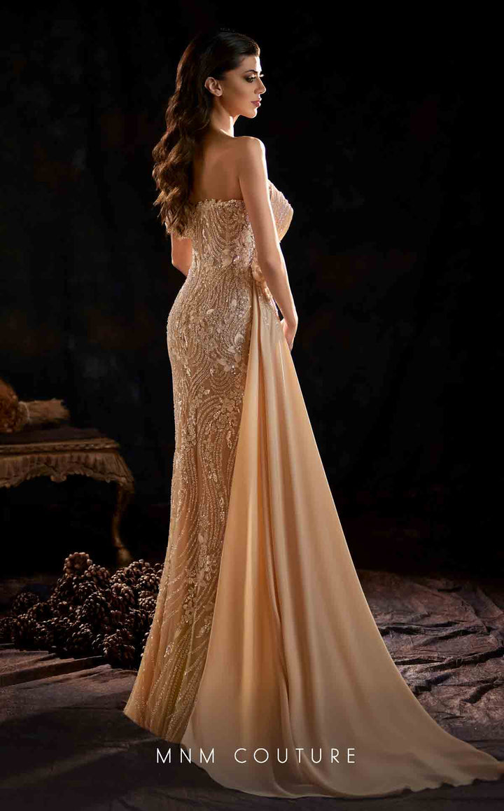 MNM Couture K4206 Strapless Folded Neckline Sequin Column Evening Gown with Side Overskirt