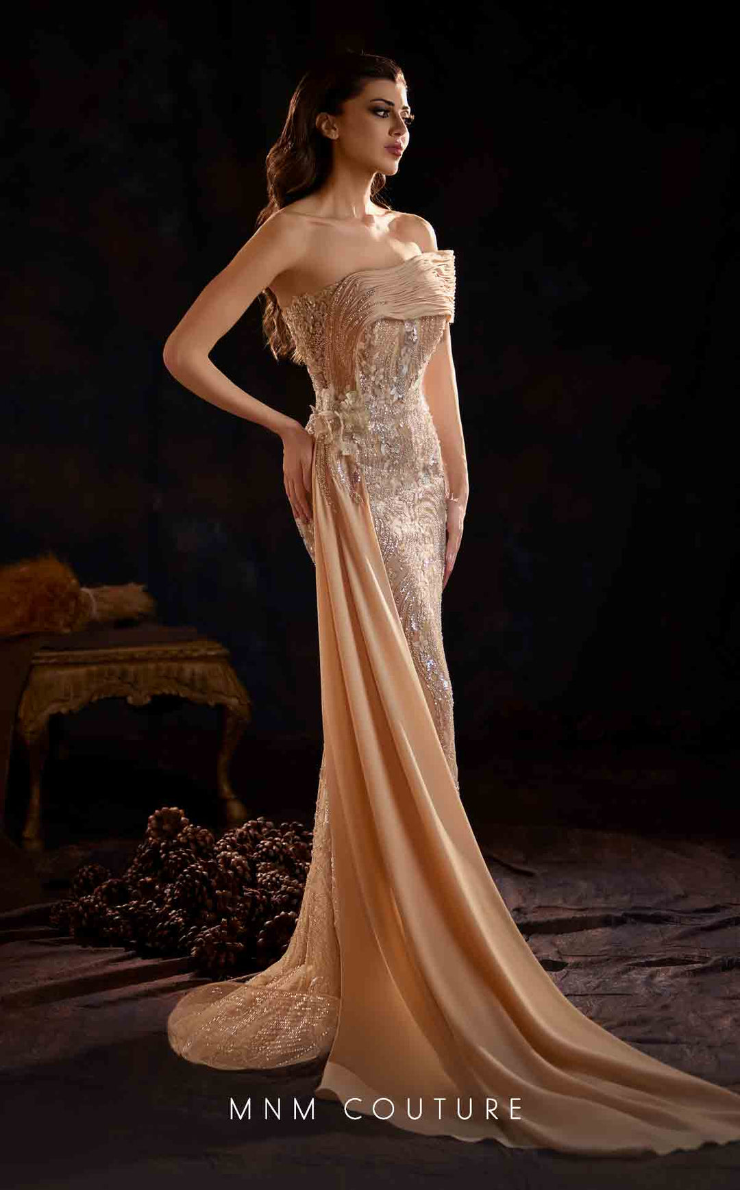 MNM Couture K4206 Strapless Folded Neckline Sequin Column Evening Gown with Side Overskirt